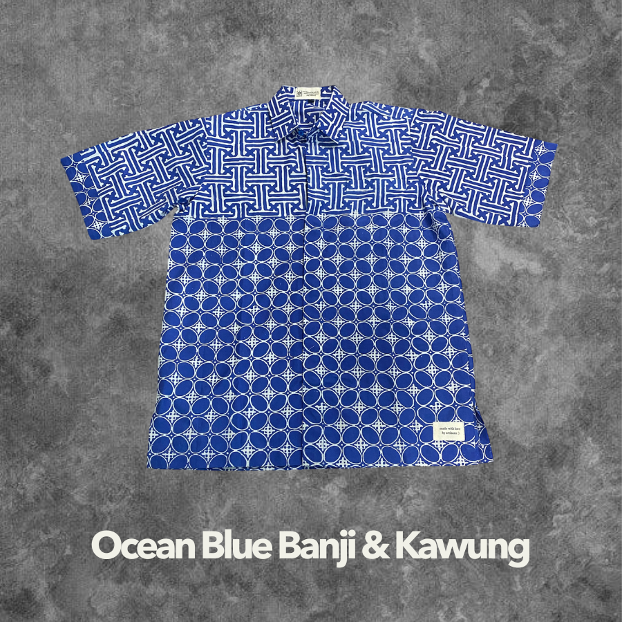 Ocean Blue Banji Kawung Adults Handstamped Batik Shirts Clearance Sale